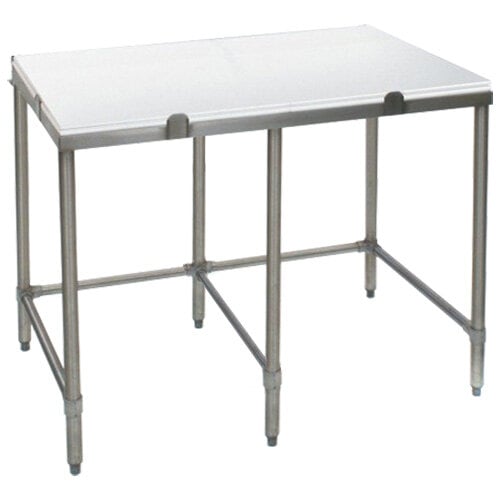 A stainless steel poly top cutting table with metal legs.