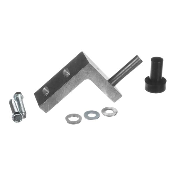 A metal L-shaped bracket with a protruding pin, accompanied by two bolts, three washers, and a black cylindrical plastic component, all arranged on a white background.