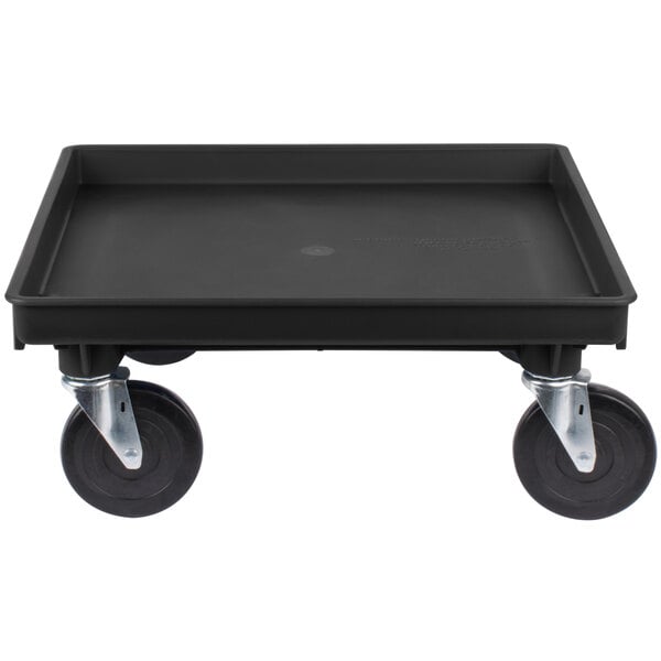 A black cart with wheels.