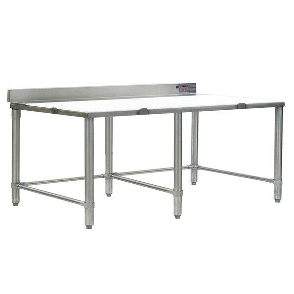A stainless steel Eagle Group trimming table with a white poly top.