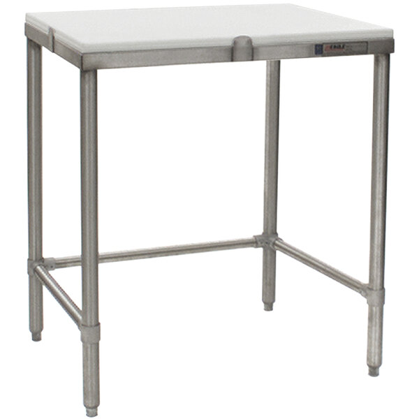 A white poly top Eagle Group chopping table with a stainless steel open base.