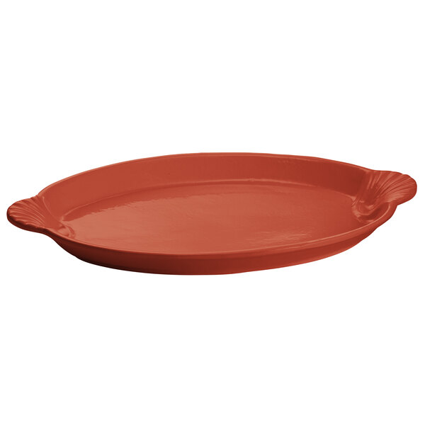 A Tablecraft copper cast aluminum oval shell platter with handles.