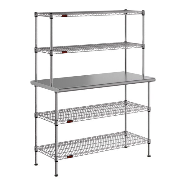 A stainless steel Eagle Group work table with chrome wire undershelves and overshelves.