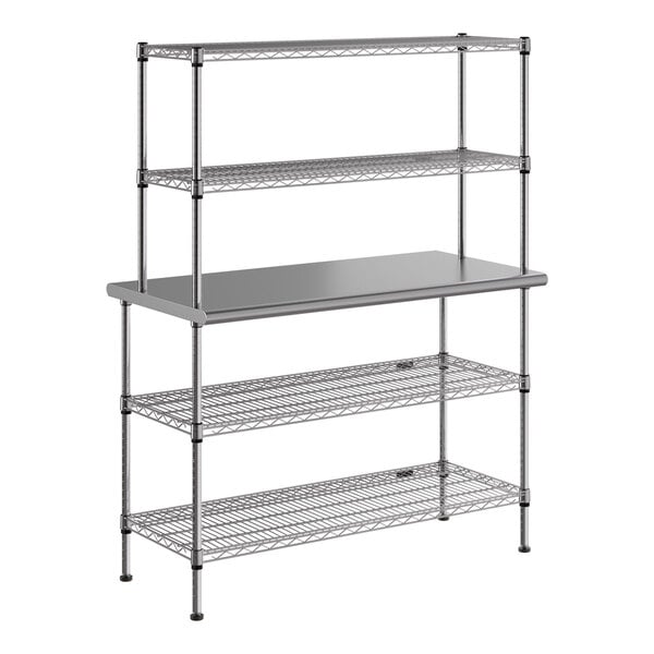 A silver rectangular Eagle Group stainless steel work table with shelves.