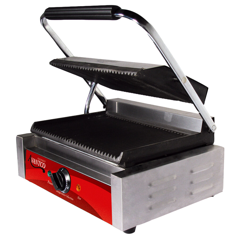 Avantco single medium-duty panini grill with grooved plates