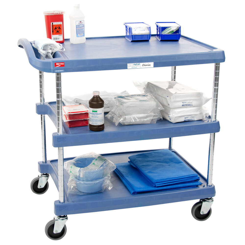 Metro myCart MY162734BU Blue Antimicrobial Utility Cart with Three