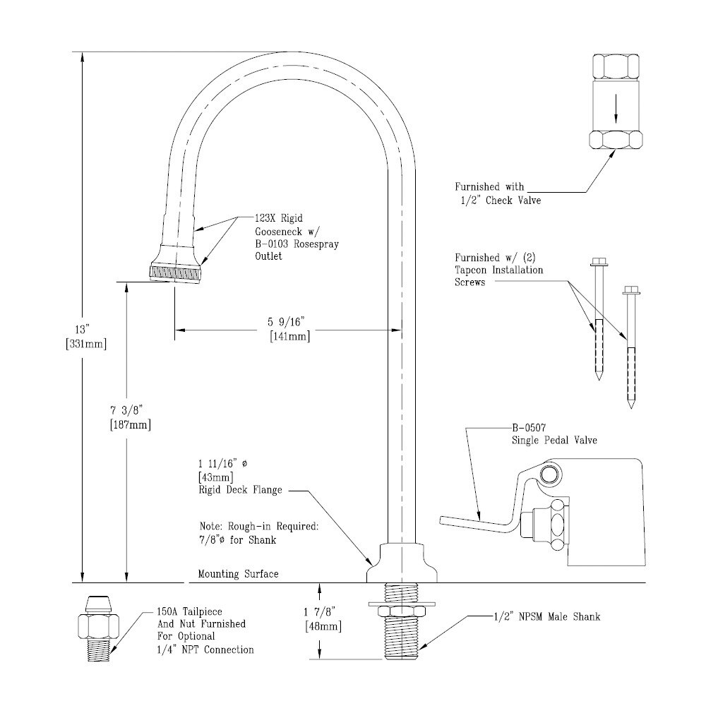 T&S B-0507-03 Single Pedal Valve with Rigid Dummy Gooseneck and Check Valve