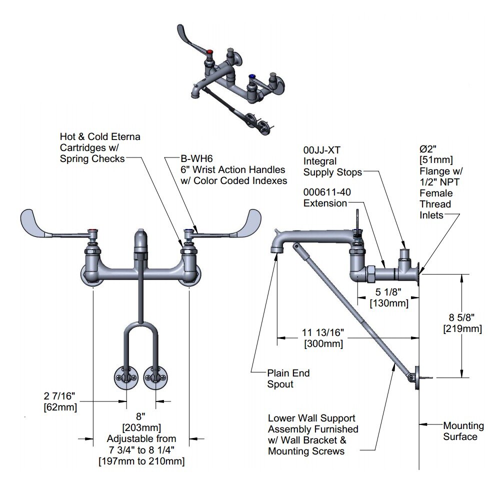 T&S B065106 Wall Mount Polished Chrome Mop Sink Faucet with 8