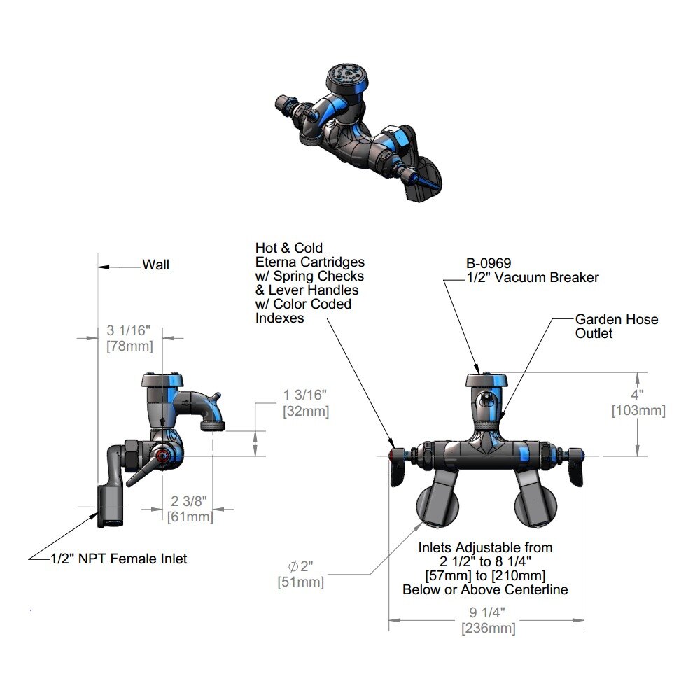 T&S B067001 Wall Mount Polished Chrome Mixing Faucet with 4
