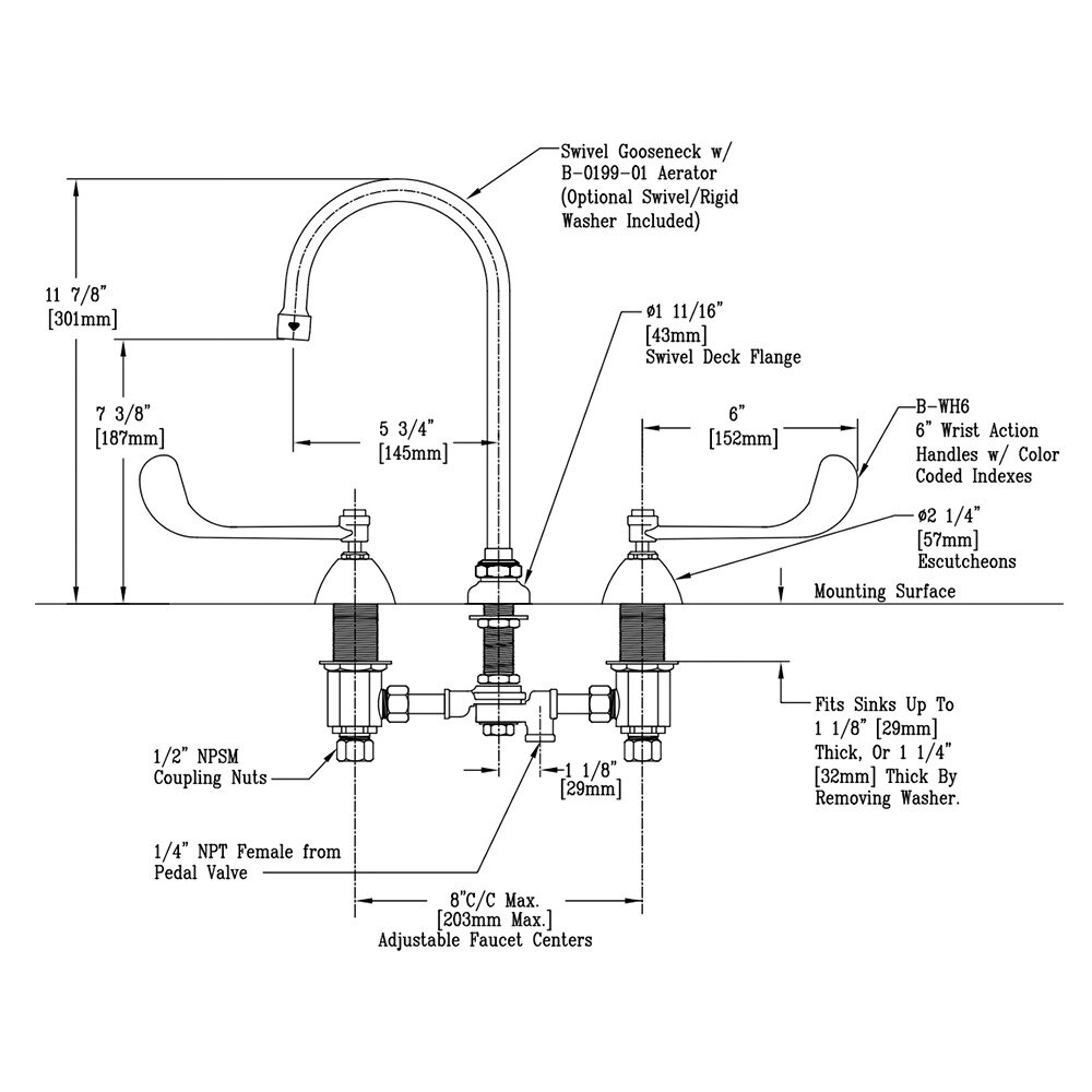 T&S B086607PV Deck Mount Mixing Faucet with 8" Adjustable Centers