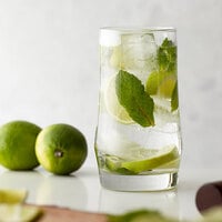 Drinking glass filled with water, ice, lime wedges, and mint