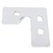 A white metal corner bracket with two holes.
