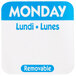 A white square National Checking Company removable label with the word "Monday" in blue.