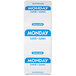 A roll of white National Checking Company labels with blue text for Mondays.