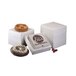 A white foam box with a white box of cake on top.