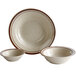 A group of Acopa brown speckle narrow rim stoneware grapefruit bowls with a brown rim.