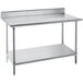 A stainless steel Advance Tabco work table with undershelf and backsplash.