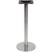 A BFM Seating stainless steel round table base with a black square top.