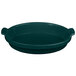 A green Tablecraft cast aluminum casserole dish with handles.