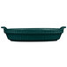 A Tablecraft hunter green cast aluminum shallow oval casserole dish with handles.