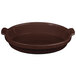 A brown cast aluminum Tablecraft shallow oval casserole dish with handles.