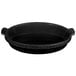 A close-up of a black Tablecraft small shallow oval casserole dish with handles.