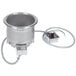 A silver metal Hatco drop in soup well with wires.