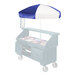 A blue and white Cambro umbrella on a food cart.