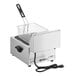 A stainless steel electric countertop fryer with a wire basket and power cord.