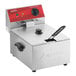 A stainless steel Avantco F100 10 lb. electric countertop fryer with a temperature control dial and indicator lights.