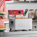 A stainless steel Avantco electric countertop fryer with a basket of curly fries in a commercial kitchen setting.