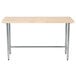 An Advance Tabco wood top work table with a galvanized metal base.