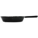 A black speckled fry pan with a handle.