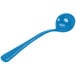 A Tablecraft sky blue cast aluminum long ladle with a long handle.