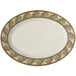 A white oval platter with a gold and brown mosaic design.