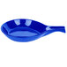 A cobalt blue cast aluminum skillet with an open handle.