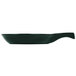 A hunter green cast aluminum fry pan with an open handle.