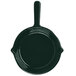 A black skillet with a handle.