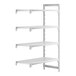 A white plastic Cambro Camshelving Premium add on unit with four shelves.