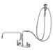 A T&S wall-mounted pre-rinse faucet with a hose and 4-arm handles.