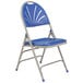 A gray National Public Seating metal folding chair with a blue plastic seat and back.