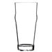 A clear Thunder Group plastic English pub glass with a curved edge.
