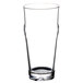 A close-up of a clear plastic Thunder Group English Pub glass with a curved rim.
