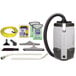 A ProTeam backpack vacuum cleaner with various tools.