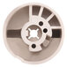 A white circular valve knob with a hole in the middle.