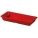 A red rectangular melamine entree dish with a handle.