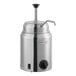A stainless steel topping warmer and pump dispenser with a temperature control dial and an on/off switch.