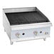 A Cooking Performance Group gas countertop charbroiler with two burners.