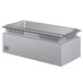 A large rectangular metal container with a lid inside a counter.