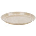 A white round Cambro tray with a crackled surface and lines on it.